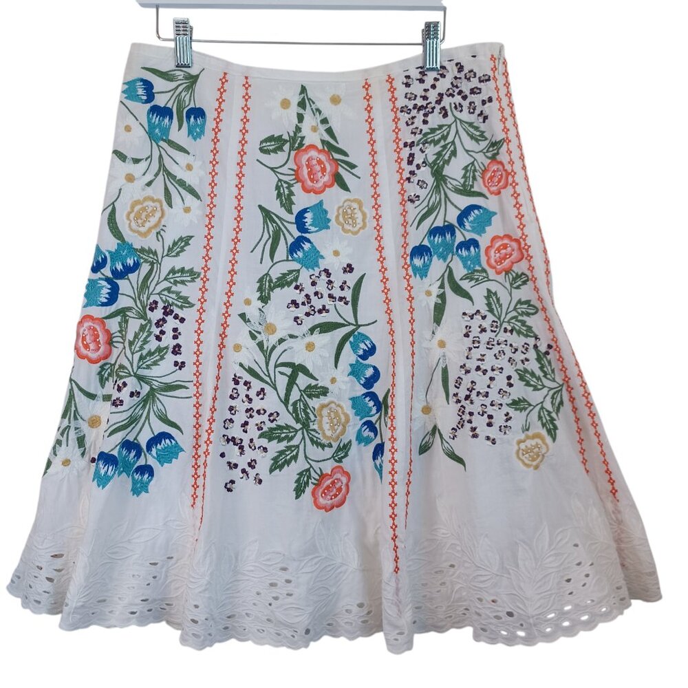 Boston Proper White Floral Embroidered Eyelet Beaded Midi Skirt Womens 12 Boho